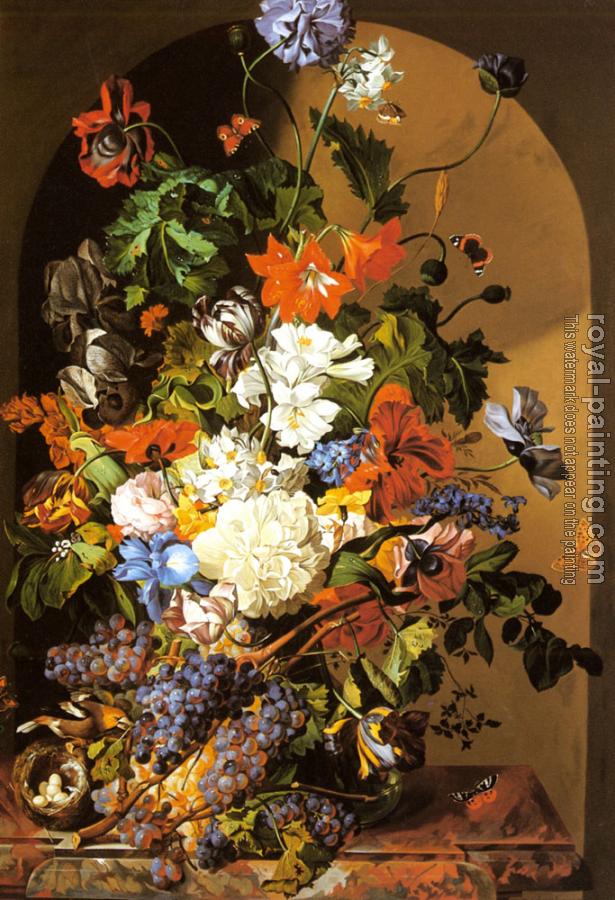 Leopold Zinnogger : A Still Life with Flowers and Grapes